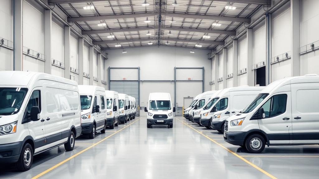 Fleet of modern white delivery vans in a clean warehouse loading bay