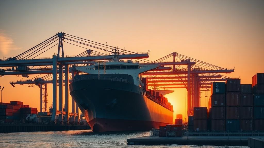 Cargo ship at a modern industrial terminal at sunrise
